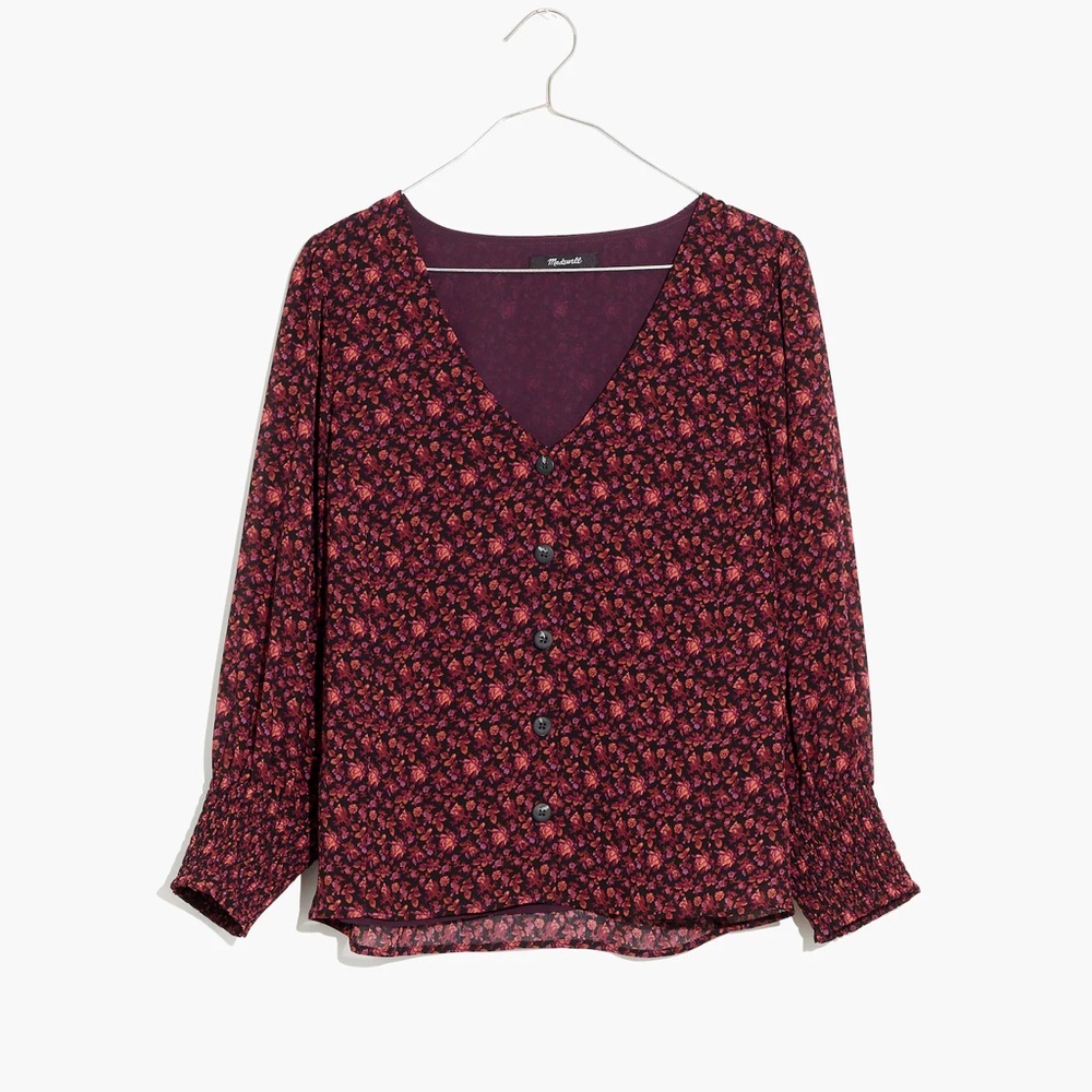 Madewell Georgette Smocked-Cuff Button-Front Top in Orchard Floral